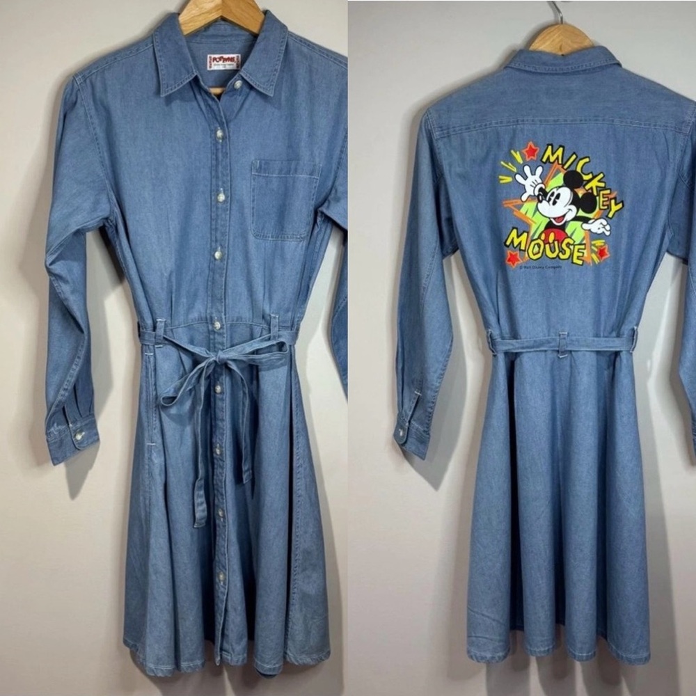 Vintage 90s Walt Disney Mickey Mouse Denim Chambray Shirt Dress Retro XS/S 160cm